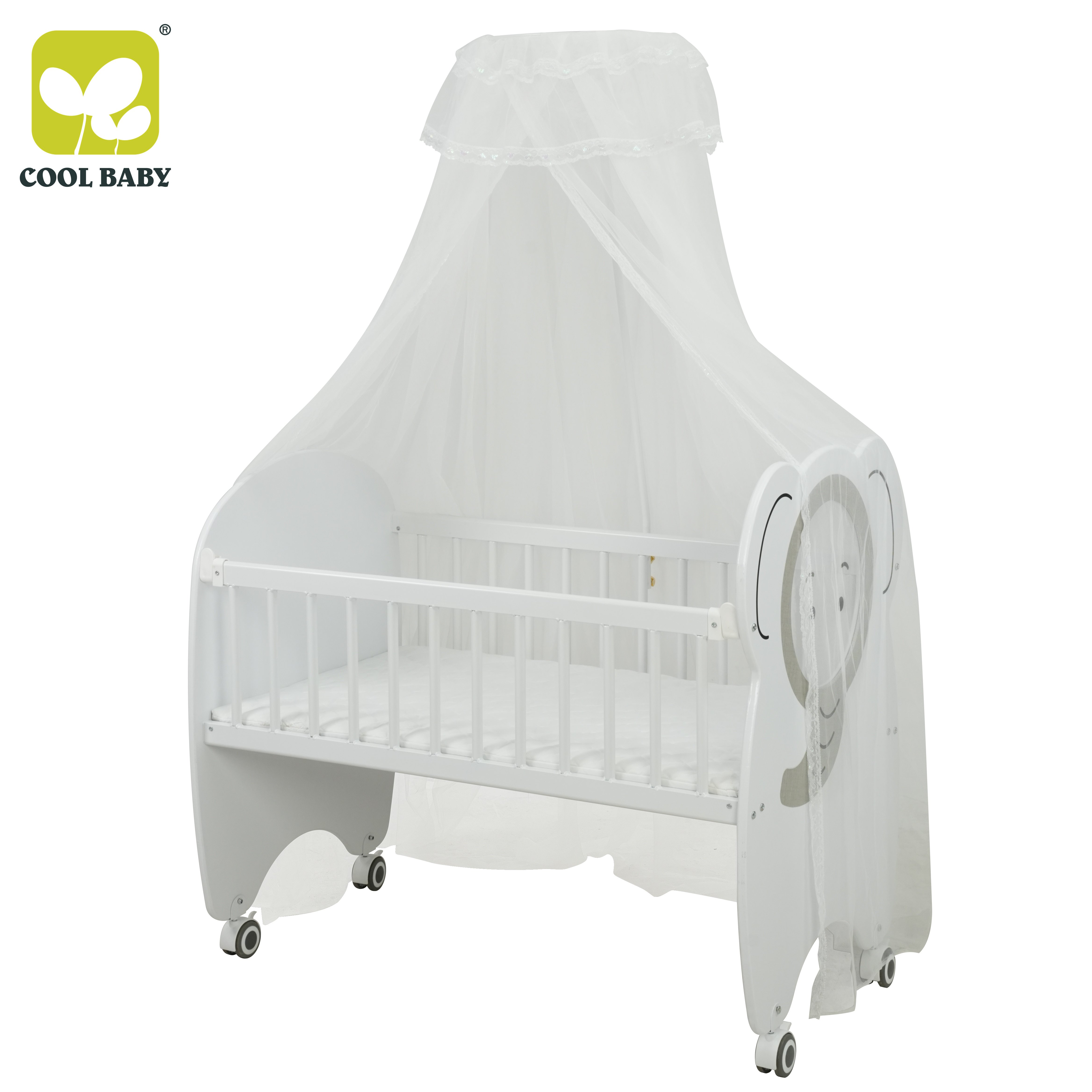 B2631 Cool Baby Cute Elephant Printing Wood Baby Crib With Side-opening Function