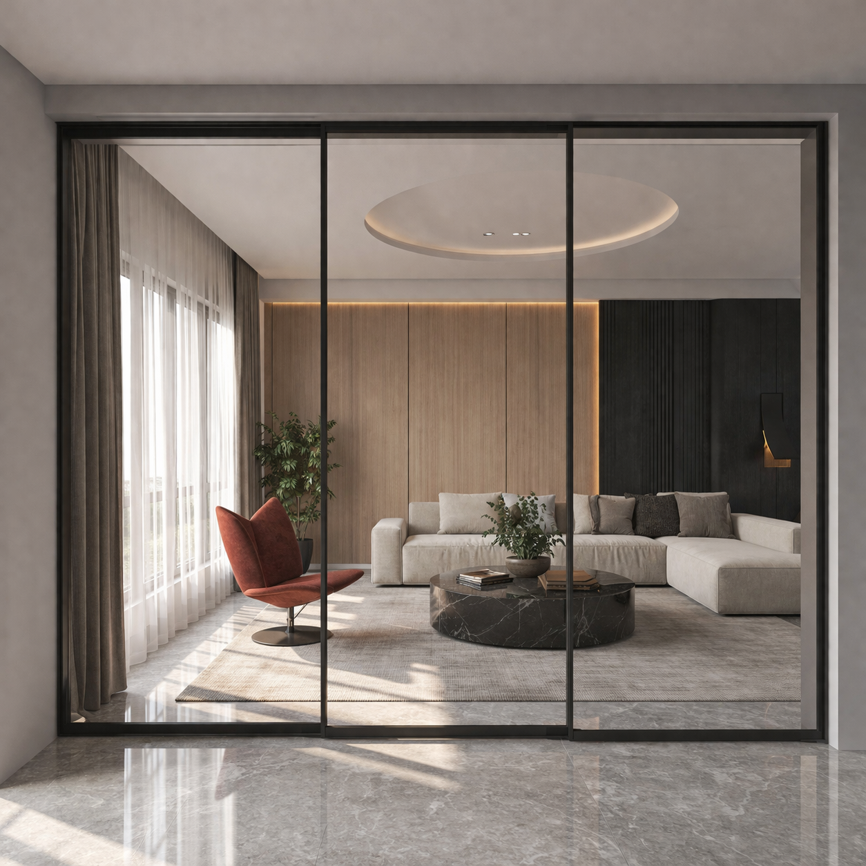 Three-Panel Slim Frame Aluminum Glass Sliding Door