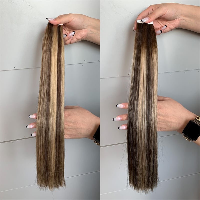 Double Drawn Regular Tape In Hair Seamless Blonde Straight Human Hair Extensions With Invisible Adhesive White Invisible Tape