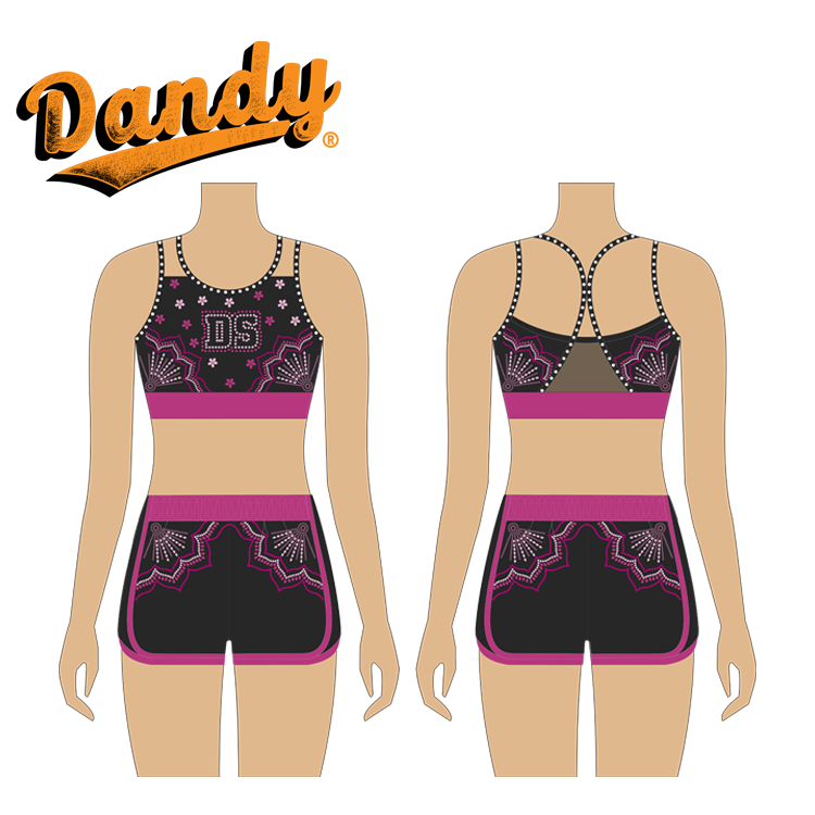 Qualité supérieure, vêtements d'entraînement pour cheerleading avec motifs sublimés noirs, kits d'entraînement personnalisés, tops courts et shorts