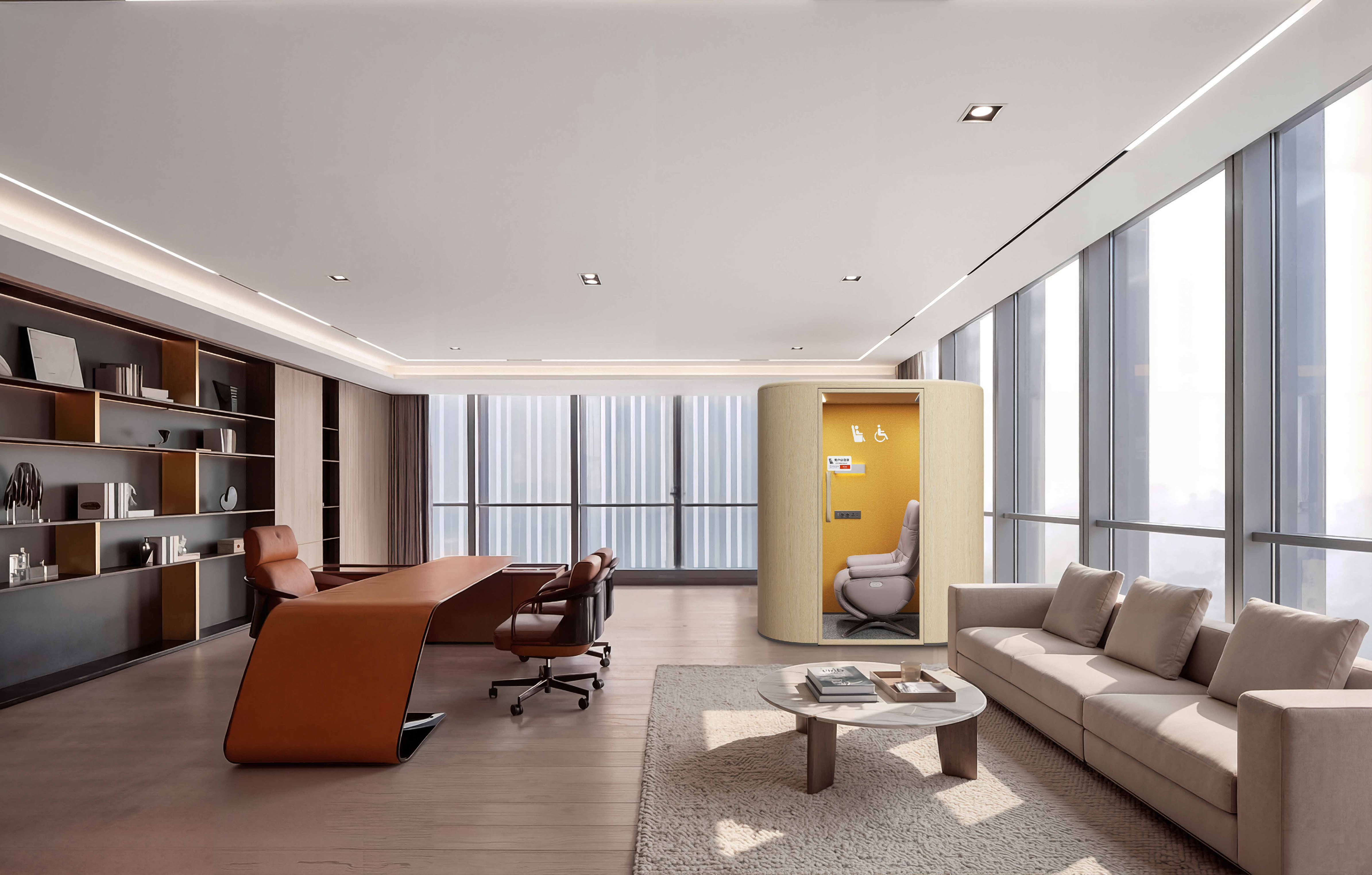 Cleader Rest Pod in executive office lounge – wood veneer privacy booth.png