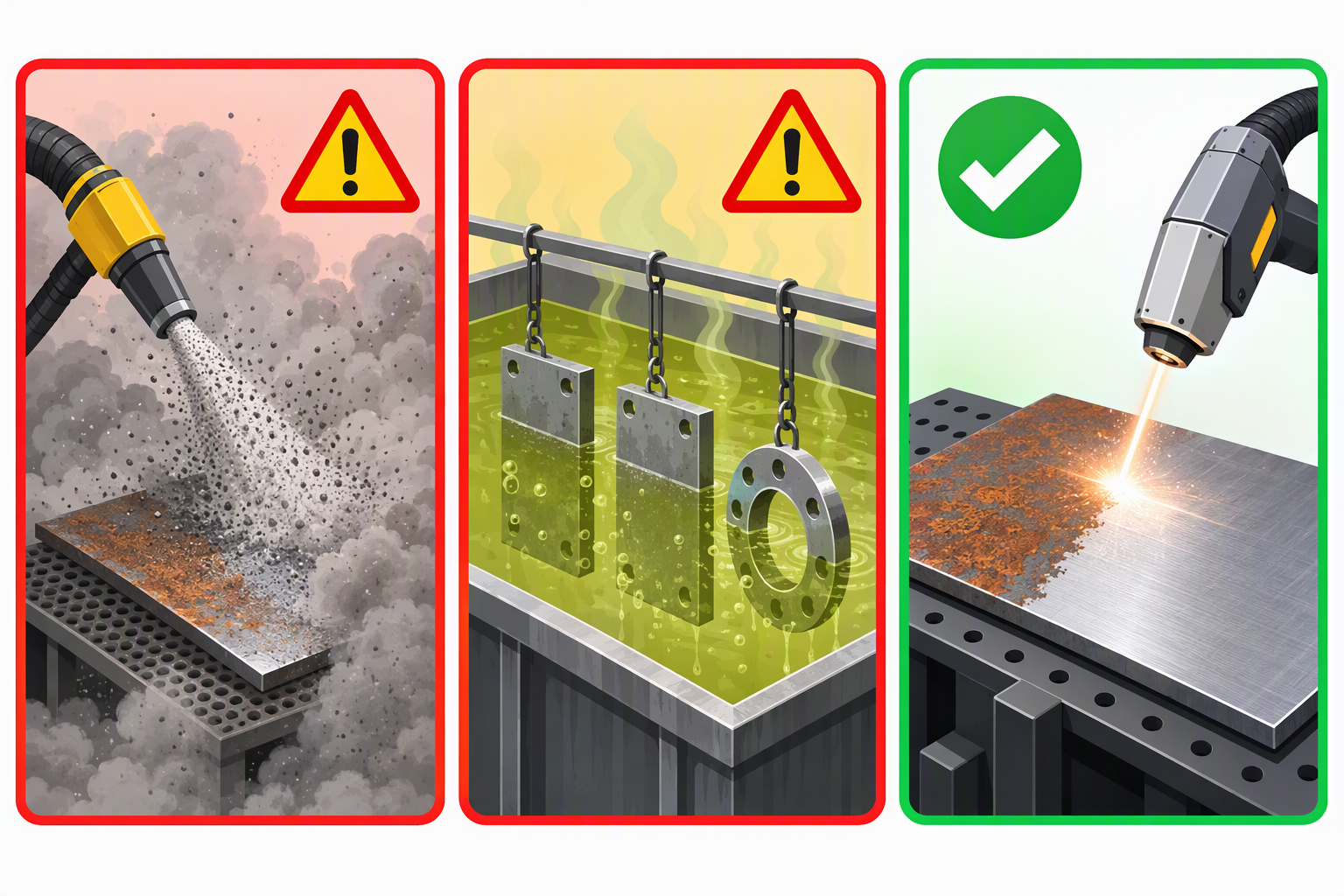 Comparison of sandblasting, chemical and laser cleaning on base metal