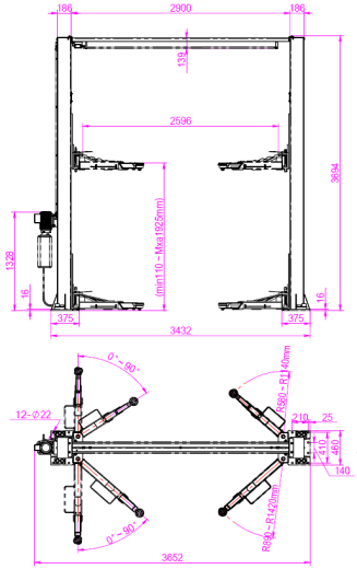 clean floor two post lift with manual two side release TP-2PCLD1 尺寸图1.jpg