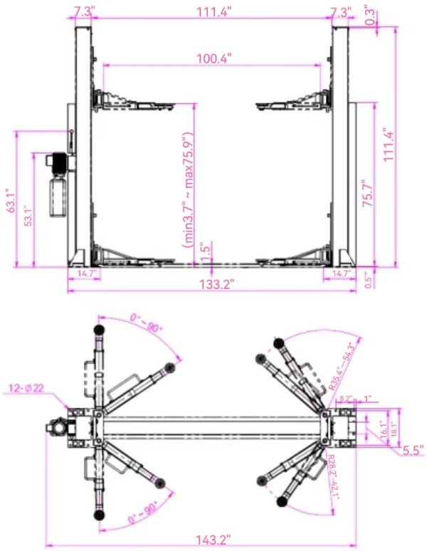 two post lift with manual one side release QJY4.0-D7 尺寸图1.jpg