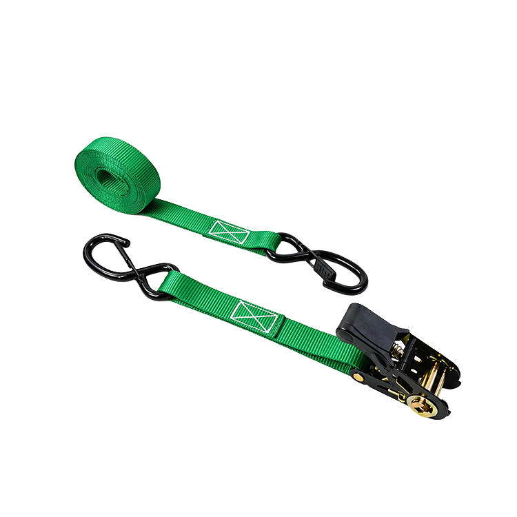 1'' Ratchet Tie‑Down Straps with Latched S Hook |  Green Webbing