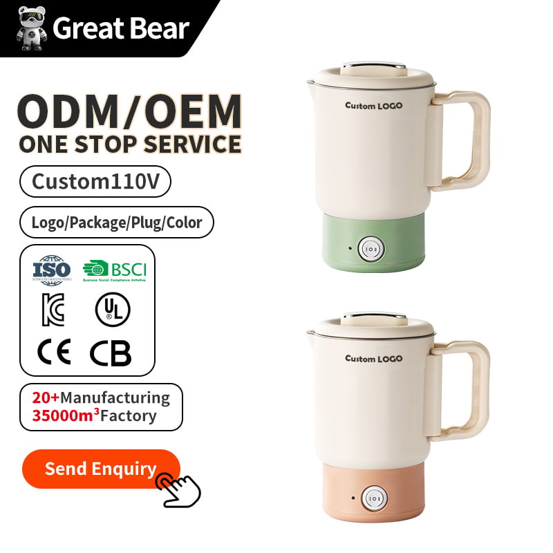 Great Bear Custom Logo Kettle Electric 0.8L Travelling 110/220 Water Tea Coffee Foldable Portable Electric Kettle for Outdoor