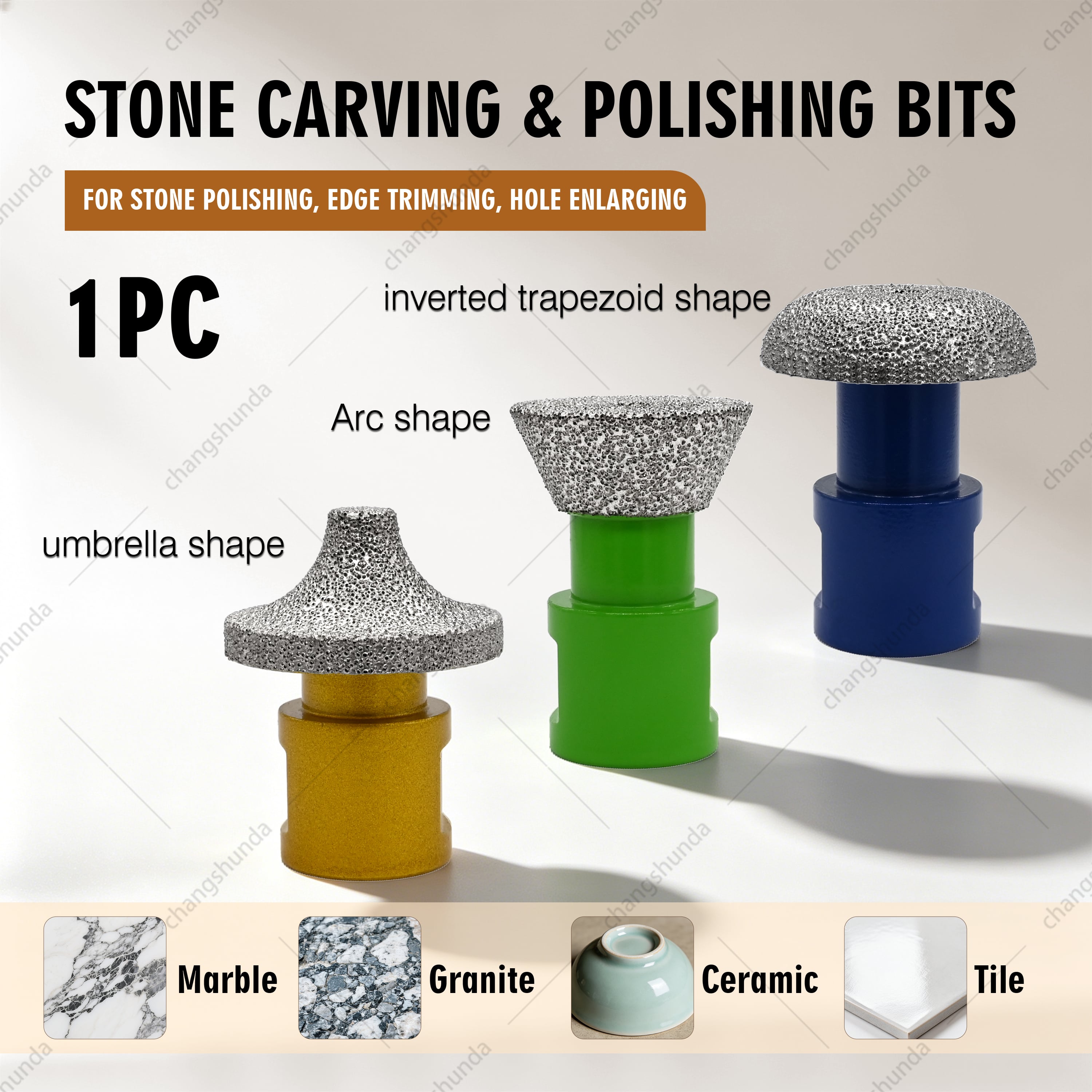 Stone Carving & Grinding Diamond Bit, M14 Thread Vacuum Brazed Diamond Router Bits, 3 Shapes Arc / Umbrella / Trapezoid Diamond Grinding Head for Marble, Granite, Sintered Stone Edge Polishing & Carving