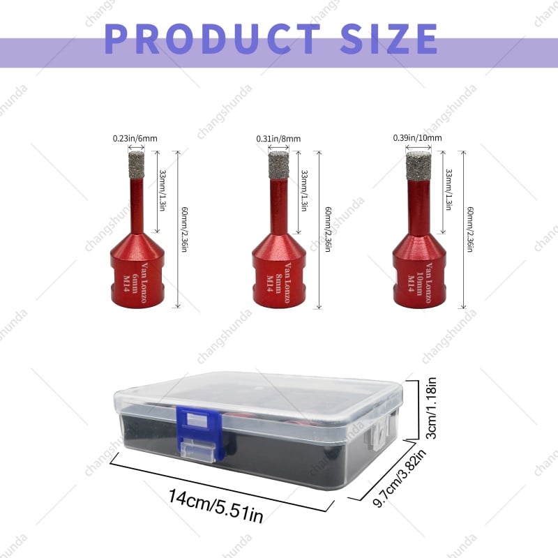 Van Lonzo M14 Red Exposed Grit Diamond Drill 3PC Set, M14 Thread Shank Vacuum Brazed Dry Drill Bits 6/8/10mm for Angle Grinder Tile Marble Glass No-Water Dry Drilling
