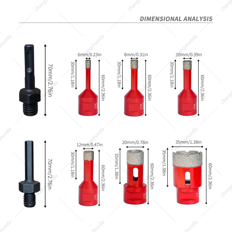 Van Lonzo M14-8pc Red Exposed Diamond Drill Bit Set, Vacuum Brazed M14 Thread Diamond Hole Saw Kit, Heavy Duty M14-8pc Red Exposed Diamond for Angle Grinder Tile Marble Granite Drilling
