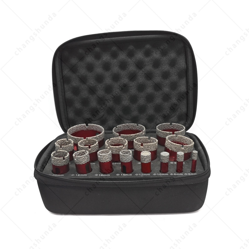 16pc Red Vacuum Brazed Dry Diamond Hole Saw Set with Cloth Carry Bag, Triangle Shank Dry Drill Bits for Electric Drill, 6-50mm Dry Cut Tile Marble Granite Stone Drilling Kit
