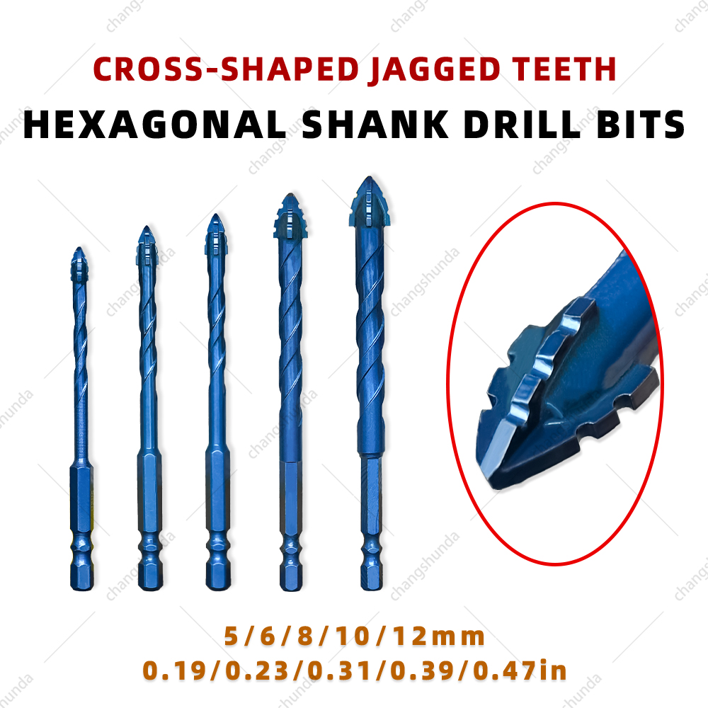 Van Lonzo Blue Serrated Cross Drill, Upgraded Serrated Cross Hex Shank Drill Bit Set, 30% Higher Drilling Efficiency for Tile, Marble, Granite, Quartz