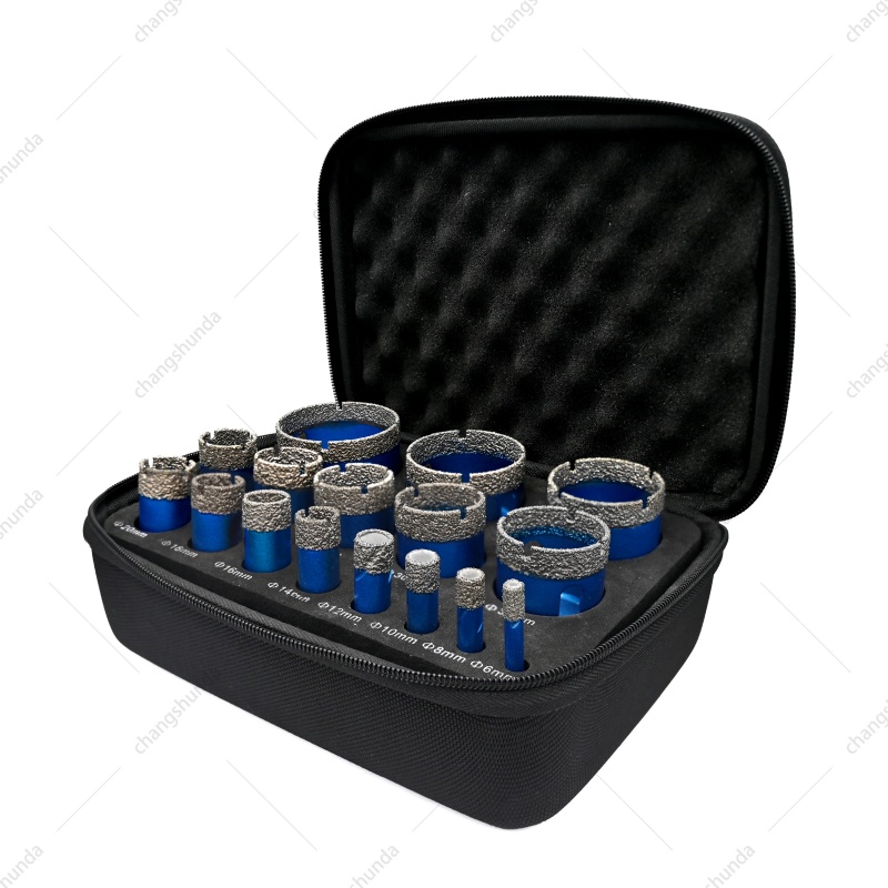 16pc Blue Dry Diamond Core Drill Bits Set, Triangle Shank Dry Drilling Hole Saw for Tile, Ceramic, Marble, Granite
