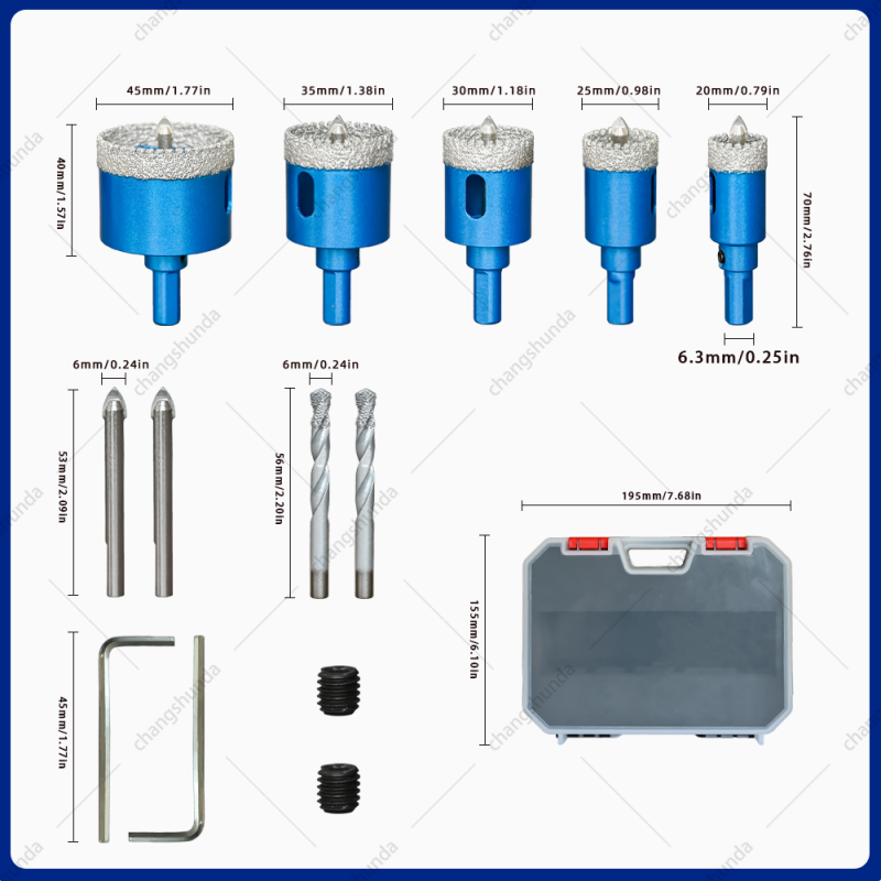 Van Lonzo Blue Serrated Centering Exposed Grit Dry Drill 5PC Set, Brazed Straight Shank Tile Stone Hole Saw Kit, Multi-Size Blue Serrated Centering Exposed Grit Dry Drill 5PC for Electric Drill Ceramic Marble Dry Drilling
