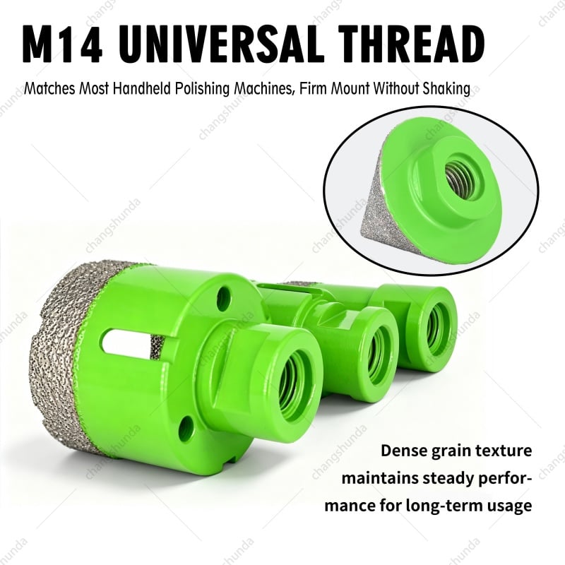 10pc-M14 Light Green Diamond Dry Drill Bit Set with Storage Bag, M14 Thread Brazed Hole Saw Kit Including Core Bits, Trimming Bit & Chamfer Bit for Angle Grinder
