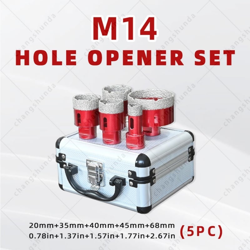 M14 Thread Vacuum Brazed Red Exposed Sand Diamond Hole Saw Set, M14-5pc Dry Drill Bit Kit with Shockproof Aluminum Storage Case, 20/35/40/45/68mm Dry Cutting Bits for M14 Angle Grinder, Tile Marble Granite Stone Drilling Tool
