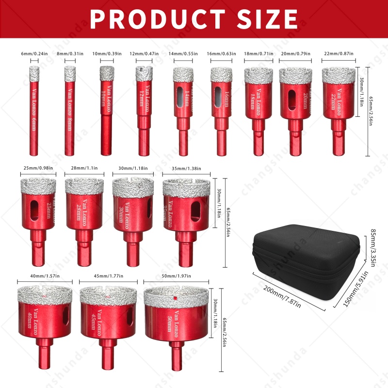 16pc Red Vacuum Brazed Dry Diamond Hole Saw Set with Cloth Carry Bag, Triangle Shank Dry Drill Bits for Electric Drill, 6-50mm Dry Cut Tile Marble Granite Stone Drilling Kit
