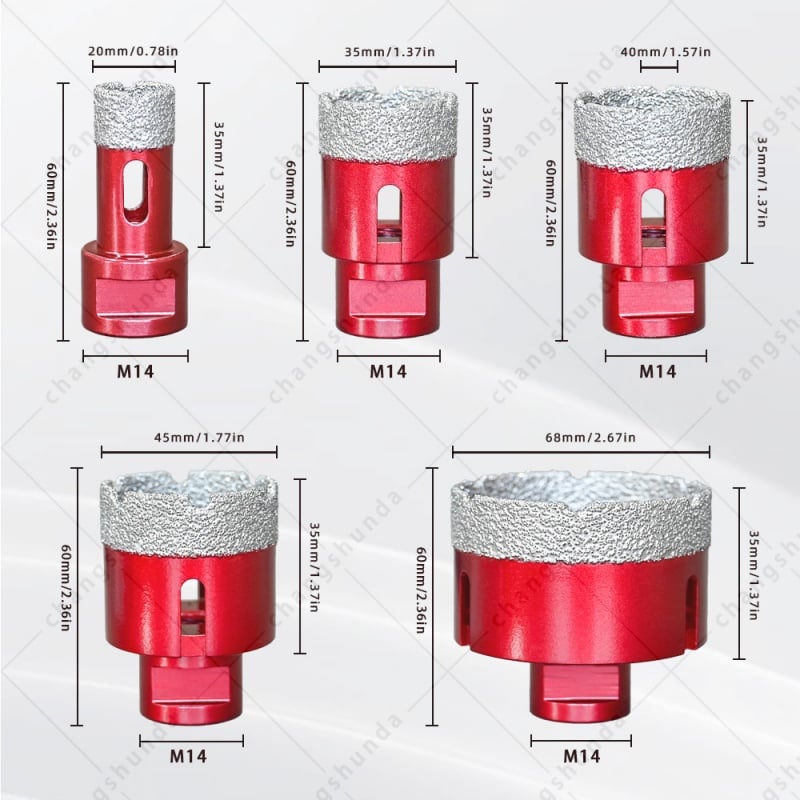 M14 Thread Vacuum Brazed Red Exposed Sand Diamond Hole Saw Set, M14-5pc Dry Drill Bit Kit with Shockproof Aluminum Storage Case, 20/35/40/45/68mm Dry Cutting Bits for M14 Angle Grinder, Tile Marble Granite Stone Drilling Tool
