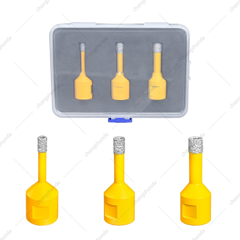 M14 Thread Slim Shank Yellow Vacuum Brazed Diamond Hole Saw 3-Piece Set, 6/8/10mm Fine Aperture Dry Drill Bits with Plain Storage Box, Precision Drilling Kit for Tile Marble Quartz Stone Using M14 Angle Grinder
