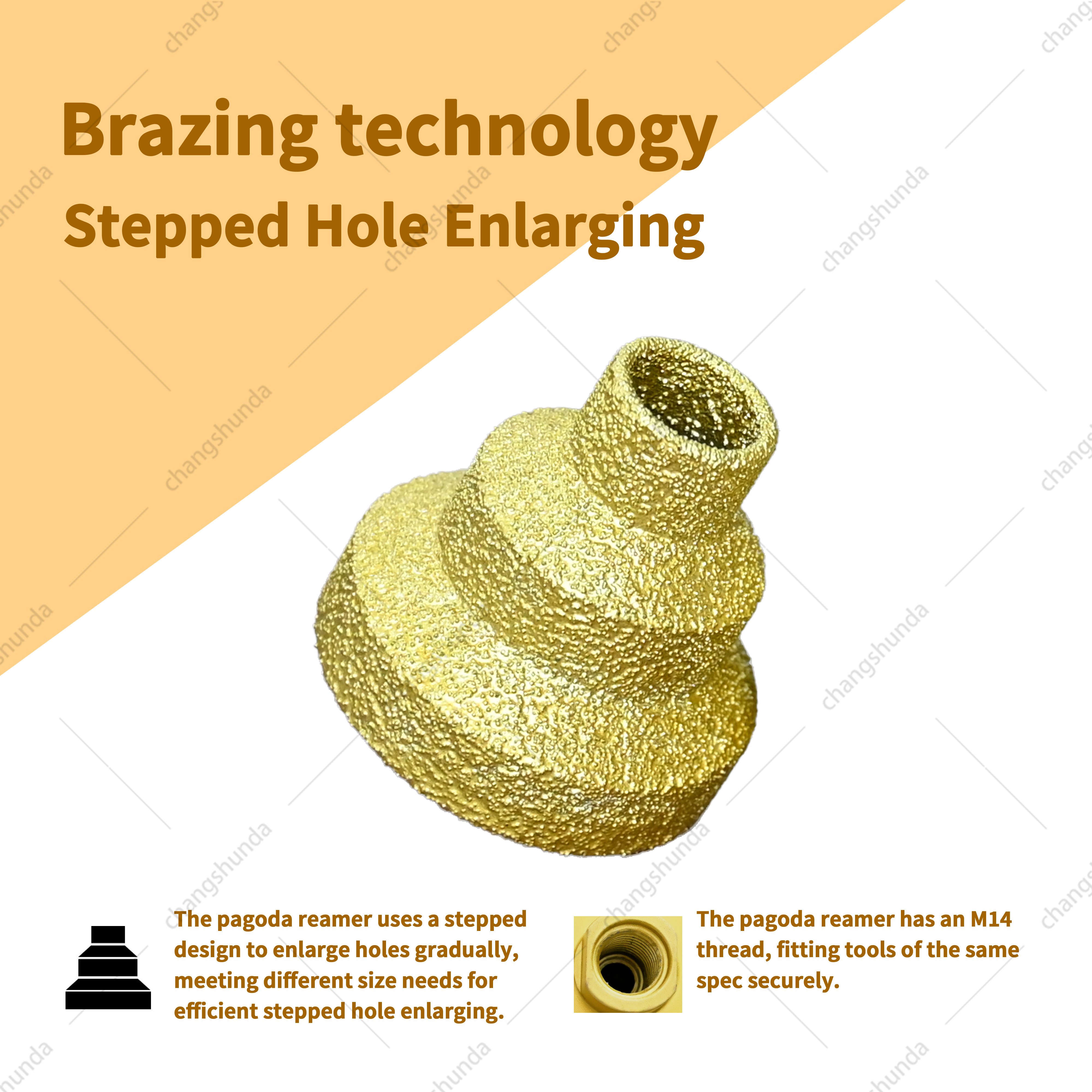Van Lonzo M14 Golden Pagoda Hole Expander, Vacuum Brazed 3-Step Diamond Step Grinding Bit with M14 Thread Shank, Dry Hole Chamfering & Enlarging Tool for Angle Grinder, Marble Quartz Tile Stone Trimming & Hole Widening