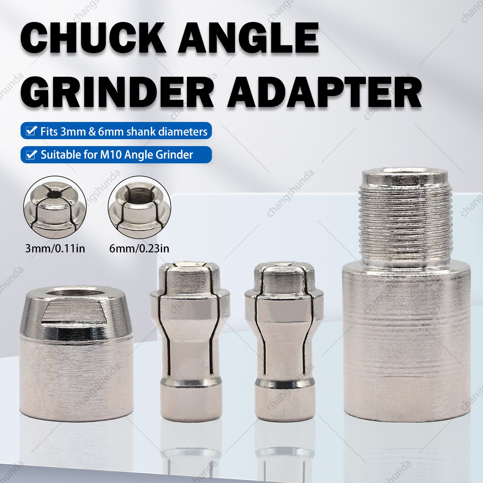 Van Lonzo Chuck Angle Grinder Adapter, M10 Thread Metal Grinder Converter with 3mm / 6mm / 6.35mm Split Chucks, For 100 Type M10 Angle Grinder to Install Rotary Carving & Polishing Bits