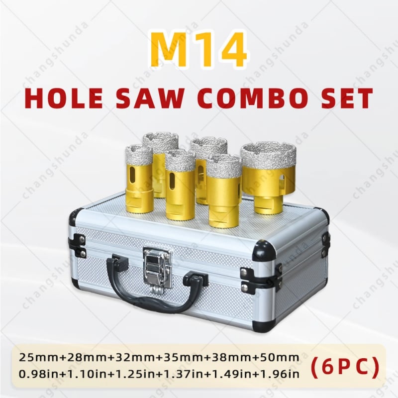 M14 Thread Vacuum Brazed Golden Exposed Sand Diamond Hole Saw Set, M14-5pc Dry Drill Bit Kit with Shockproof Aluminum Carry Case, 25/28/32/38/50mm Dry Cutting Bits for M14 Angle Grinder, Tile Marble Granite Stone Countertop Drilling Tool
