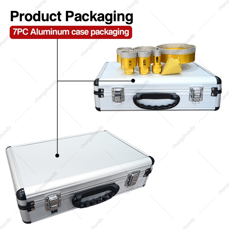 M14-7pc Golden Exposed Diamond Grain Drill Bit Set with Aluminum Case, Vacuum Brazed Dry Cutting Hole Saw Kit Including 6 Core Bits & 50mm Chamfer Tool for Angle Grinder
