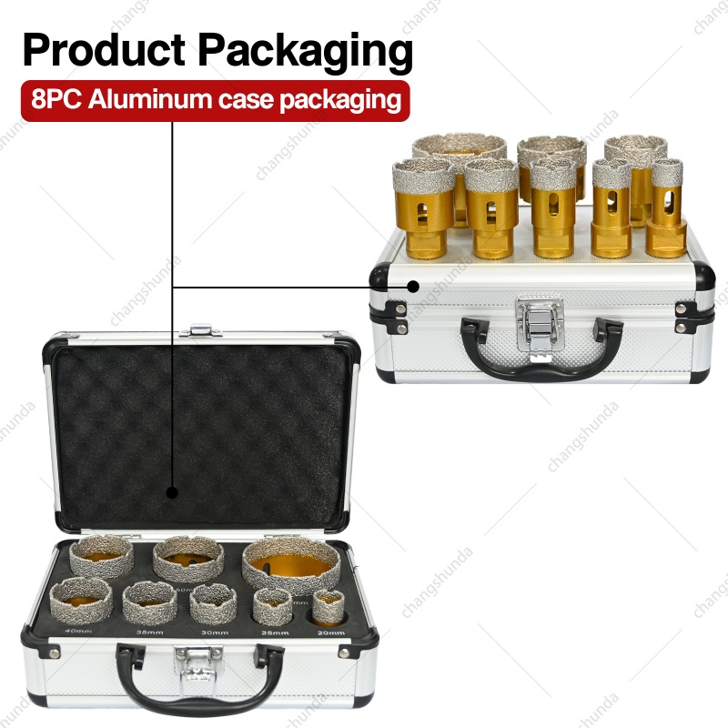 M14-8pc Golden Exposed Diamond Grain Drill Bit Set with Aluminum Case, Vacuum Brazed Dry Cutting Diamond Hole Saw Kit with 7 Core Drill Bits & 1 Chamfer Tool for Angle Grinder
