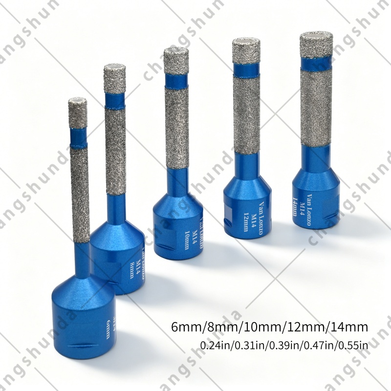 M14 Thread Extended Long Body Blue Vacuum Brazed Dry Diamond Hole Saw Bit, 6/8/10/12/14mm Deep Drilling Drill Bit for M14 Angle Grinder, Vitrified Tile Marble Granite Deep Hole Perforating Tool
