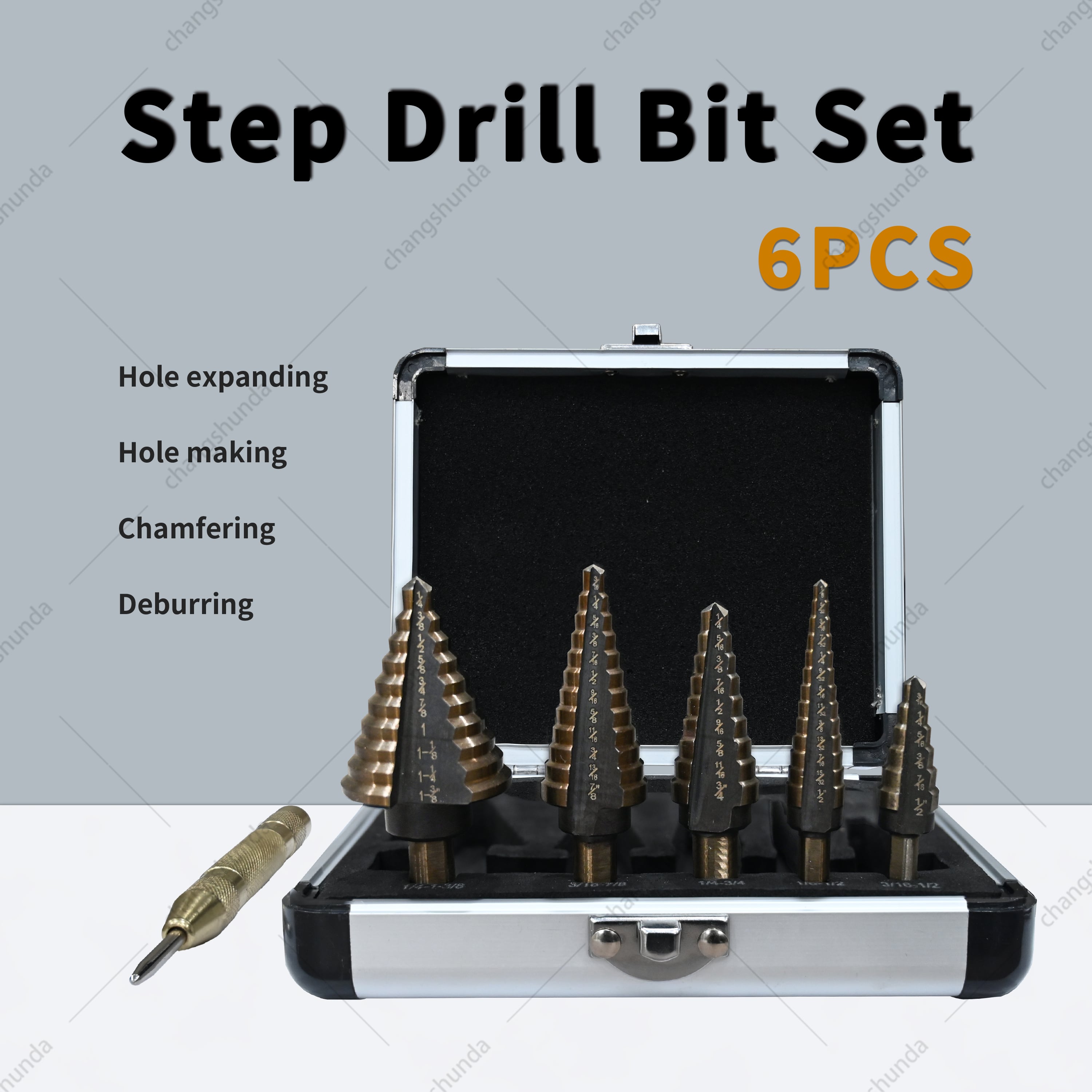 6pc Imperial Step Drill Bit Set, Titanium Coated High Speed Steel Cone Drill Bits Kit with Aluminum Storage Case & Center Punch, Multi Size Hole Cutter for Metal, Plastic, Wood