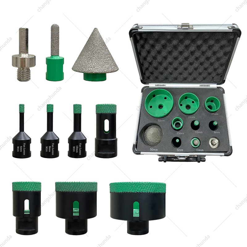 Van Lonzo M14 Strip Arranged Diamond Hole Saw 10PC Set, Vacuum Brazed M14 Thread Stone Drill Kit, Multi-Functional M14 Strip Arranged Diamond Hole Saw 10PC for Angle Grinder Tile Marble Glass Drilling, Chamfering and Polishing

