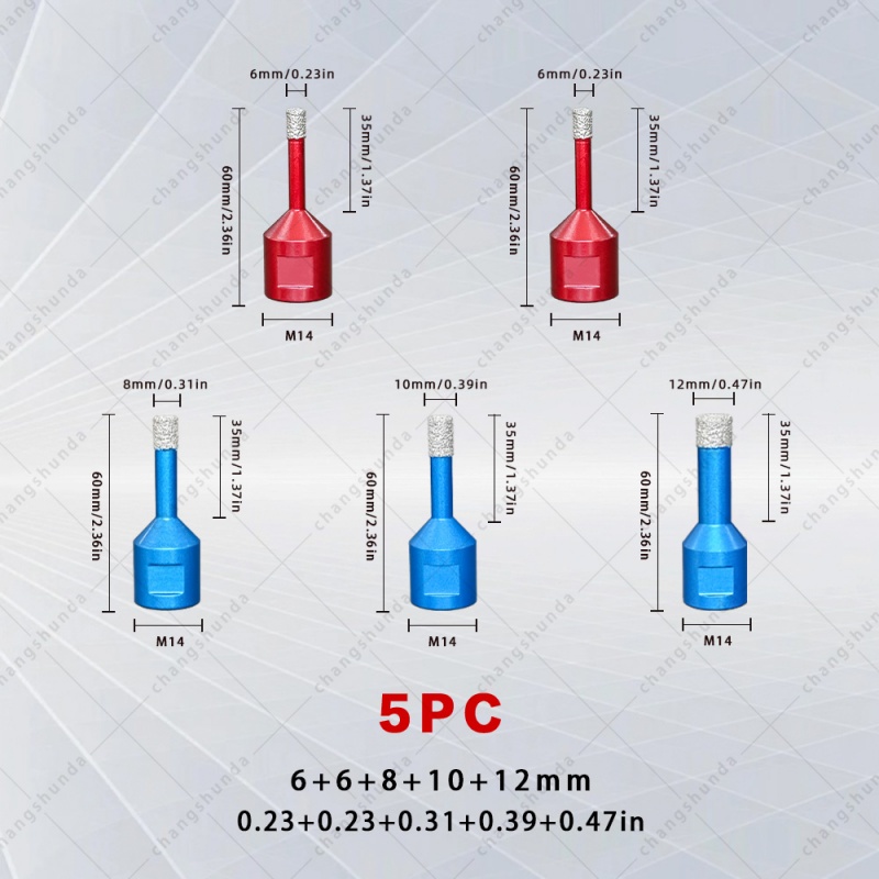 5pc M14 Thread Color Vacuum Brazed Exposed Sand Dry Drill Bit Set, Dry Diamond Hole Saw with Plastic Storage Box, 6/8/10/12mm Angle Grinder Drill Bits for Tile Marble Granite Drilling
