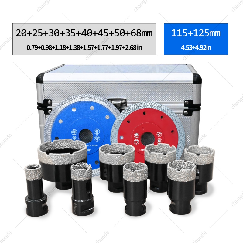 Van Lonzo M14-4pc Blister Set Vacuum Brazed Diamond Hole Saw & Cutting Disc Combo Kit, M14 Thread Diamond Drilling Cutting Tool Set with Portable Aluminum Storage Case for Granite Marble Tile Stone Processing

