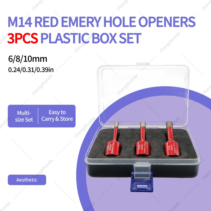 Van Lonzo M14 Red Exposed Grit Diamond Drill 3PC Set, M14 Thread Shank Vacuum Brazed Dry Drill Bits 6/8/10mm for Angle Grinder Tile Marble Glass No-Water Dry Drilling
