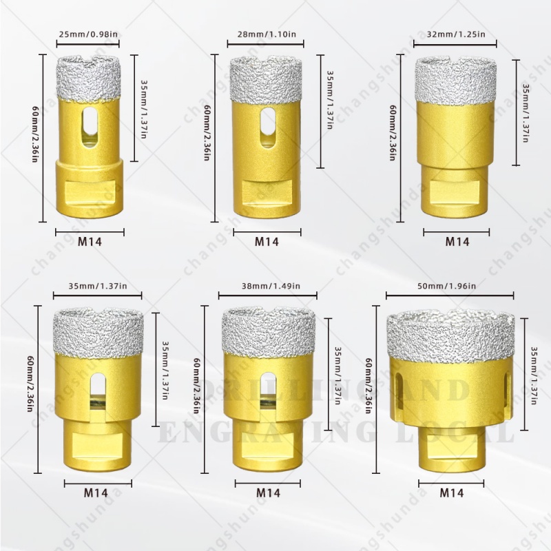 M14 Thread Vacuum Brazed Golden Exposed Sand Diamond Hole Saw Set, M14-5pc Dry Drill Bit Kit with Shockproof Aluminum Carry Case, 25/28/32/38/50mm Dry Cutting Bits for M14 Angle Grinder, Tile Marble Granite Stone Countertop Drilling Tool
