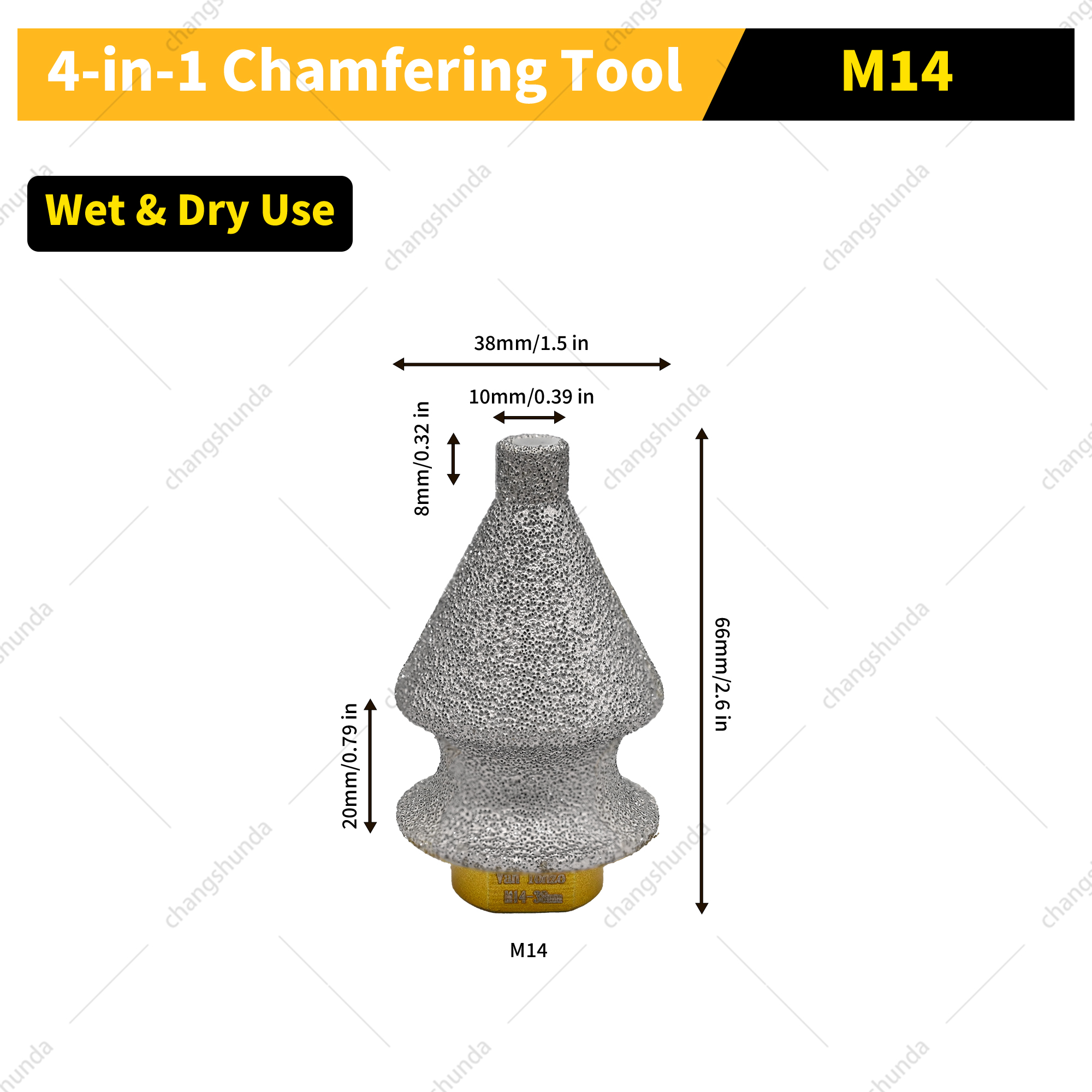 Van Lonzo M14 4-in-1 Chamfer Bit, Vacuum Brazed Diamond M14 Four-in-One Chamfer Tool for Quartz Stone, Marble, Ceramic Tile Hole Drilling, Enlarging and Trimming
