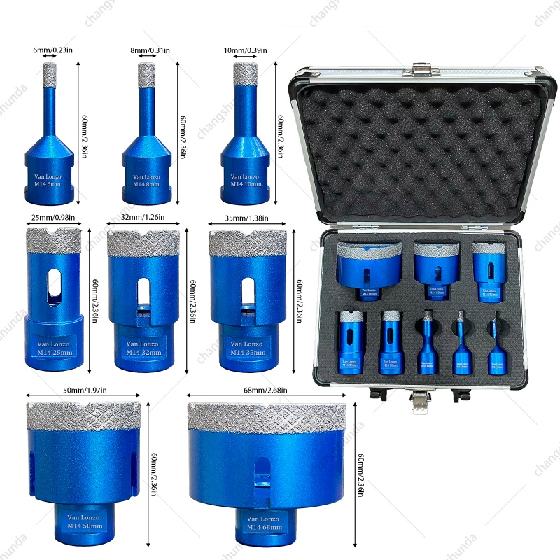 Van Lonzo 8Pcs M14 Vacuum Brazed Diamond Hole Opener Set, Blue Silver Sand Surface, S2 Alloy Anti-wear Drill Bits with Aluminum Storage Case, Heavy-Duty Bits for Tile, Granite and Marble
