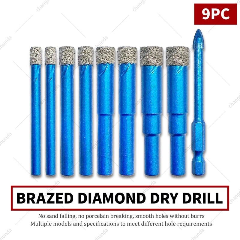 Van Lonzo Blue Exposed Grit Dry Diamond Drill 9PC Set, Brazed Hex Shank Dry Cutting Tile Drill Kit, Multi-Size Blue Exposed Grit Dry Diamond Drill 9PC for Cordless Drill Stone Ceramic Glass Dry Drilling

