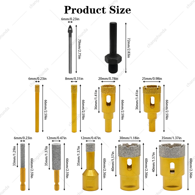 11-in-1 Vacuum Brazed Diamond Drill Bit Set, 11pc Multi-Purpose Drilling Kit with Shockproof Aluminum Carry Case, Mixed Hex & Thread Shank Bits for Tile, Marble, Granite, Glass, Quartz Daily Renovation Projects
