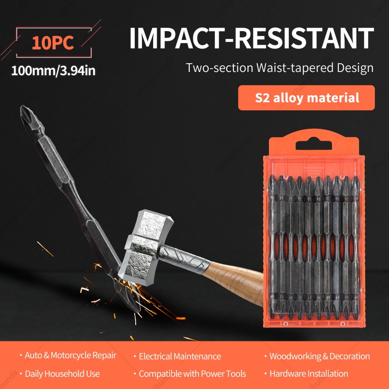 Van Lonzo 10Pcs 100mm Magnetic Double Head Phillips Screwdriver Bits, S2 Alloy Steel Anti-Slip Heavy-Duty Bit Set for Impact Drill