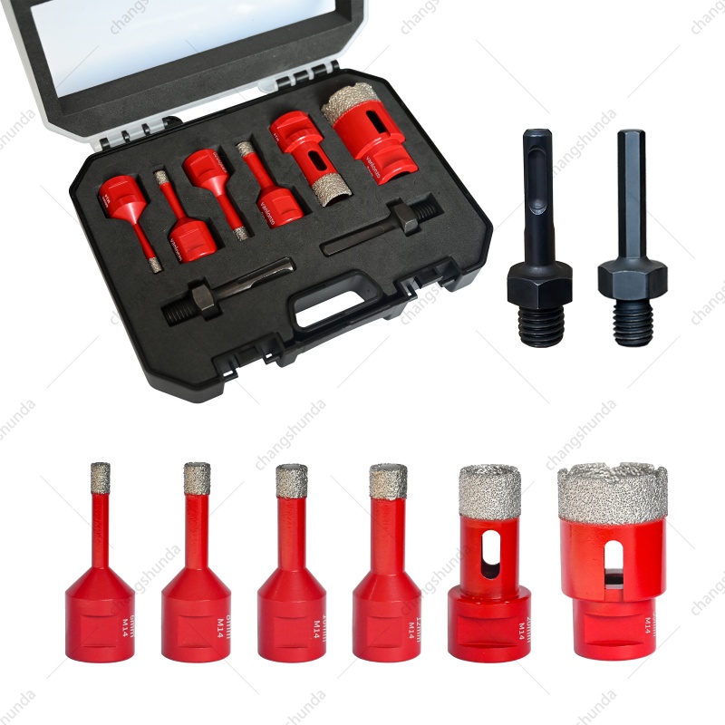 Van Lonzo M14-8pc Red Exposed Diamond Drill Bit Set, Vacuum Brazed M14 Thread Diamond Hole Saw Kit, Heavy Duty M14-8pc Red Exposed Diamond for Angle Grinder Tile Marble Granite Drilling
