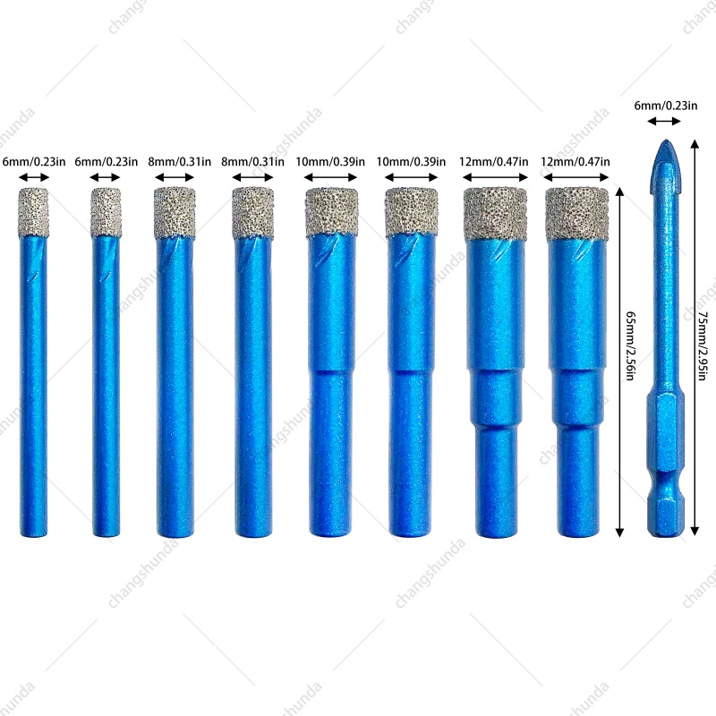 Van Lonzo Blue Exposed Grit Dry Diamond Drill 9PC Set, Brazed Hex Shank Dry Cutting Tile Drill Kit, Multi-Size Blue Exposed Grit Dry Diamond Drill 9PC for Cordless Drill Stone Ceramic Glass Dry Drilling
