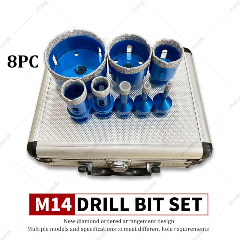 Van Lonzo 8Pcs M14 Vacuum Brazed Diamond Hole Opener Set, Blue Silver Sand Surface, S2 Alloy Anti-wear Drill Bits with Aluminum Storage Case, Heavy-Duty Bits for Tile, Granite and Marble