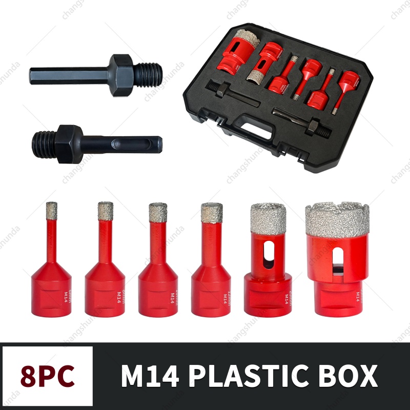 Van Lonzo M14-8pc Red Exposed Diamond Drill Bit Set, Vacuum Brazed M14 Thread Diamond Hole Saw Kit, Heavy Duty M14-8pc Red Exposed Diamond for Angle Grinder Tile Marble Granite Drilling
