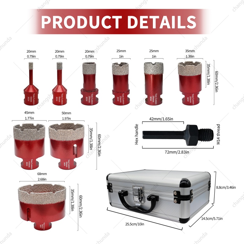 Van Lonzo M14-10pc Red Exposed Diamond Segment Core Drill Bit Set, Vacuum Brazed M14-10pc Red Exposed Diamond Kit for Granite Marble Tile Drilling, Complete M14 Thread Diamond Hole Saw Combo with Portable Aluminum Storage Case

