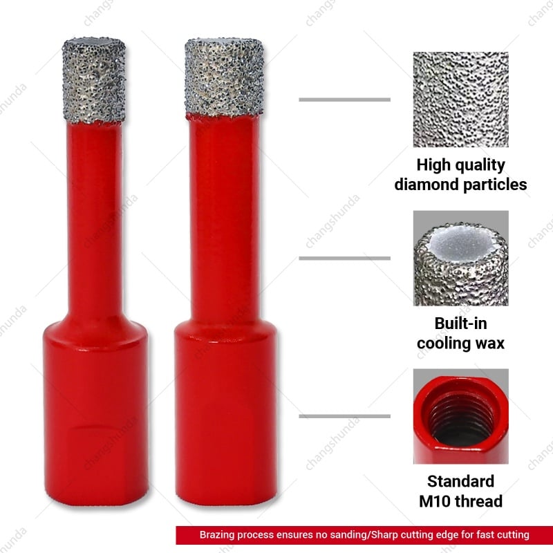 M10 Chinese Red 5pc Blister Pack Set, Vacuum Brazed Diamond Core Drill Bits with Built-in Cooling Wax & M14-M10 Reducer Shank for Tile Ceramic Marble Drilling
