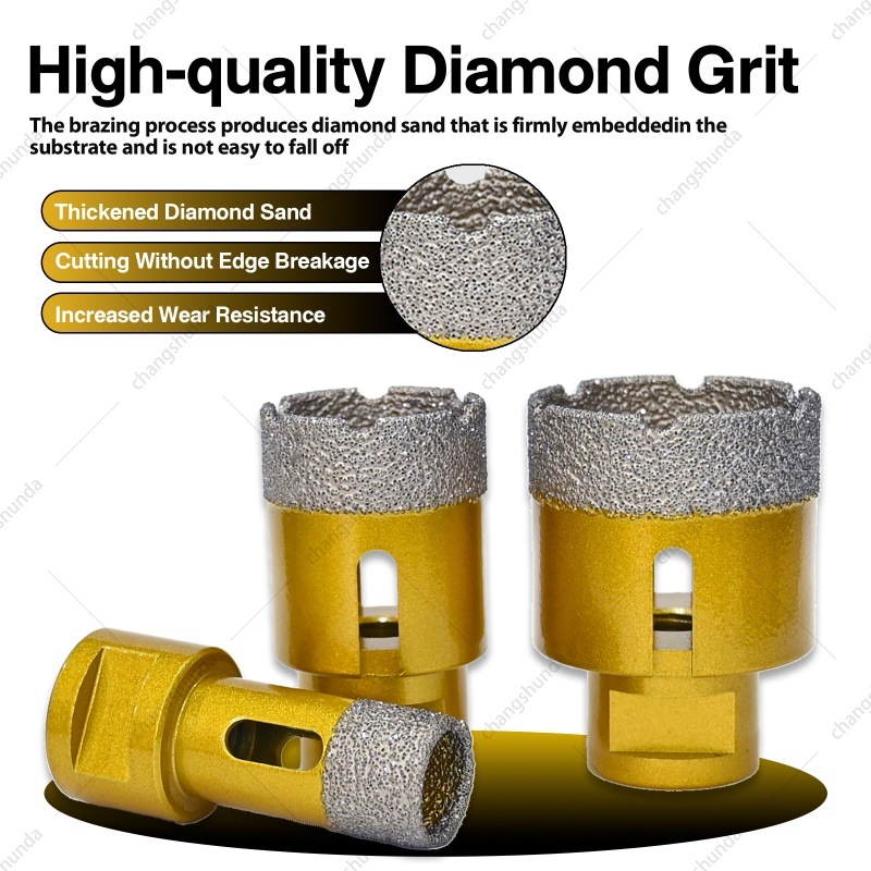 M14-7pc Golden Exposed Diamond Grain Drill Bit Set with Aluminum Case, Vacuum Brazed Dry Cutting Hole Saw Kit Including 6 Core Bits & 50mm Chamfer Tool for Angle Grinder
