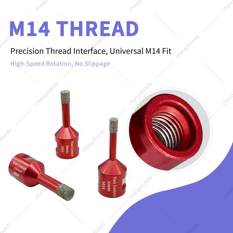 Van Lonzo M14 Red Exposed Grit Diamond Drill 3PC Set, M14 Thread Shank Vacuum Brazed Dry Drill Bits 6/8/10mm for Angle Grinder Tile Marble Glass No-Water Dry Drilling
