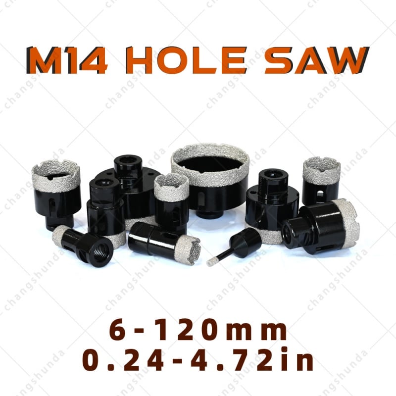 M14 Thread Black Vacuum Brazed Exposed Sand Dry Diamond Hole Saw Bits, Full Sizes 6-120mm Dry Cutting Drill Bits for M14 Angle Grinder, Tile Marble Granite Quartz Stone Perforating Tool
