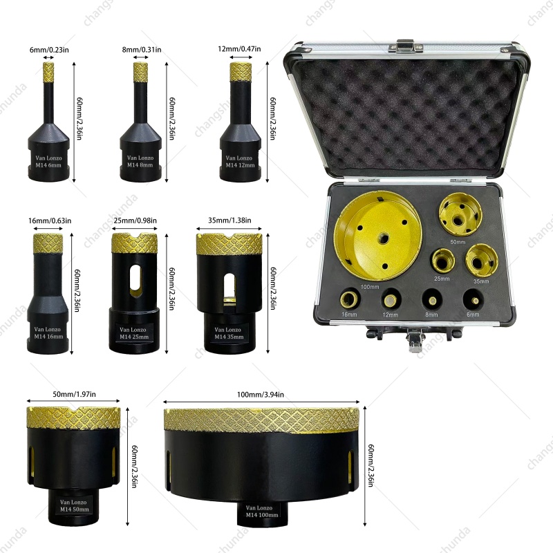 Van Lonzo M14 Diamond Arrangement Hole Opener Matte Black Gold Sand 8pc Set, Vacuum Brazed M14 Thread Diamond Core Drill Bit Kit, Heavy Duty M14 Diamond Arrangement Hole Opener Matte Black Gold Sand 8pc for Tile Marble Granite Glass Drilling
