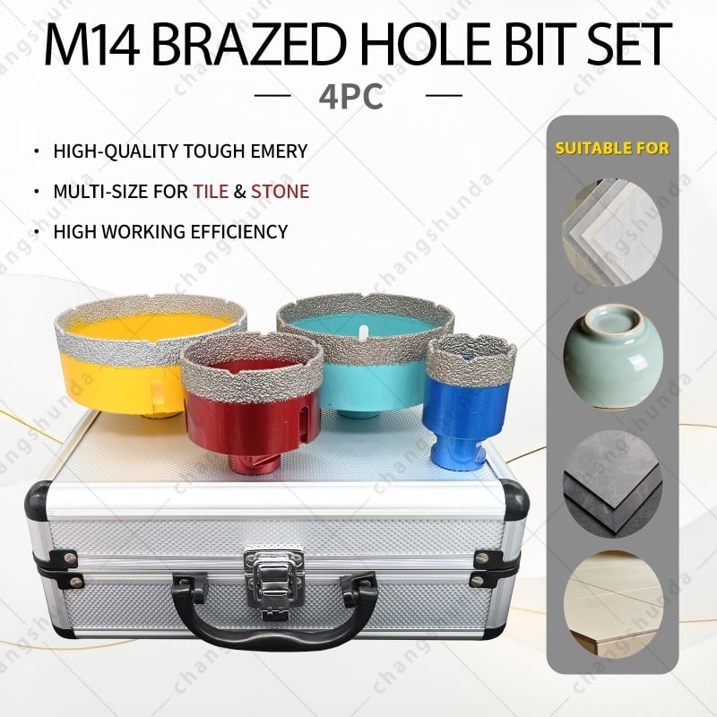 M14 Thread Vacuum Brazed Color Exposed Sand Diamond Hole Saw Set, M14-4pc Dry Drill Bit Kit with Shockproof Aluminum Carry Case, 40/68/110/125mm Dry Cutting Bits for M14 Angle Grinder, Granite Marble Quartz Stone Countertop Drilling Tool
